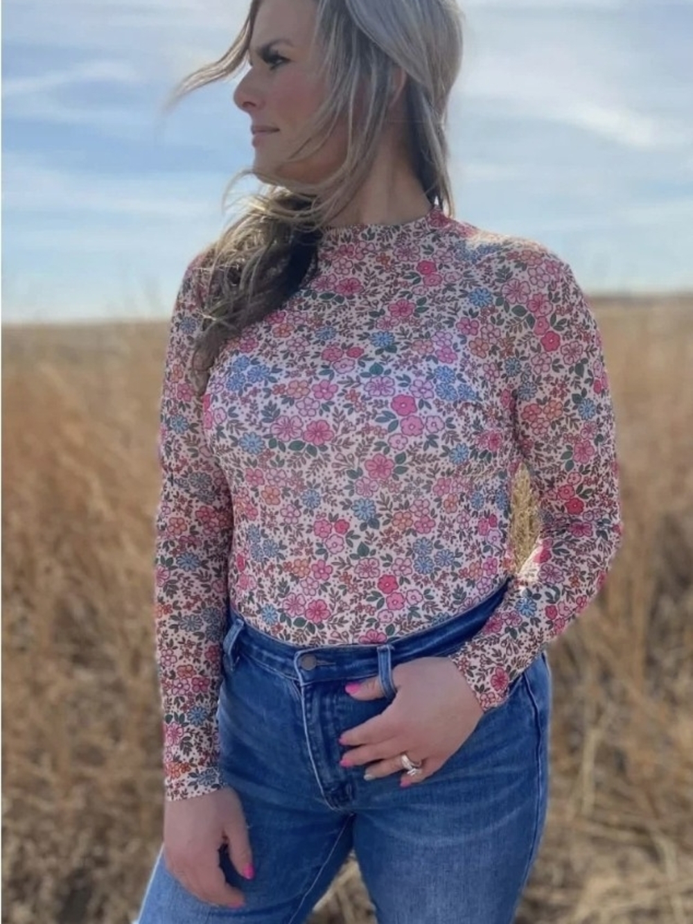 Floral Mock Neck Long-Sleeve Top - Pink Floral